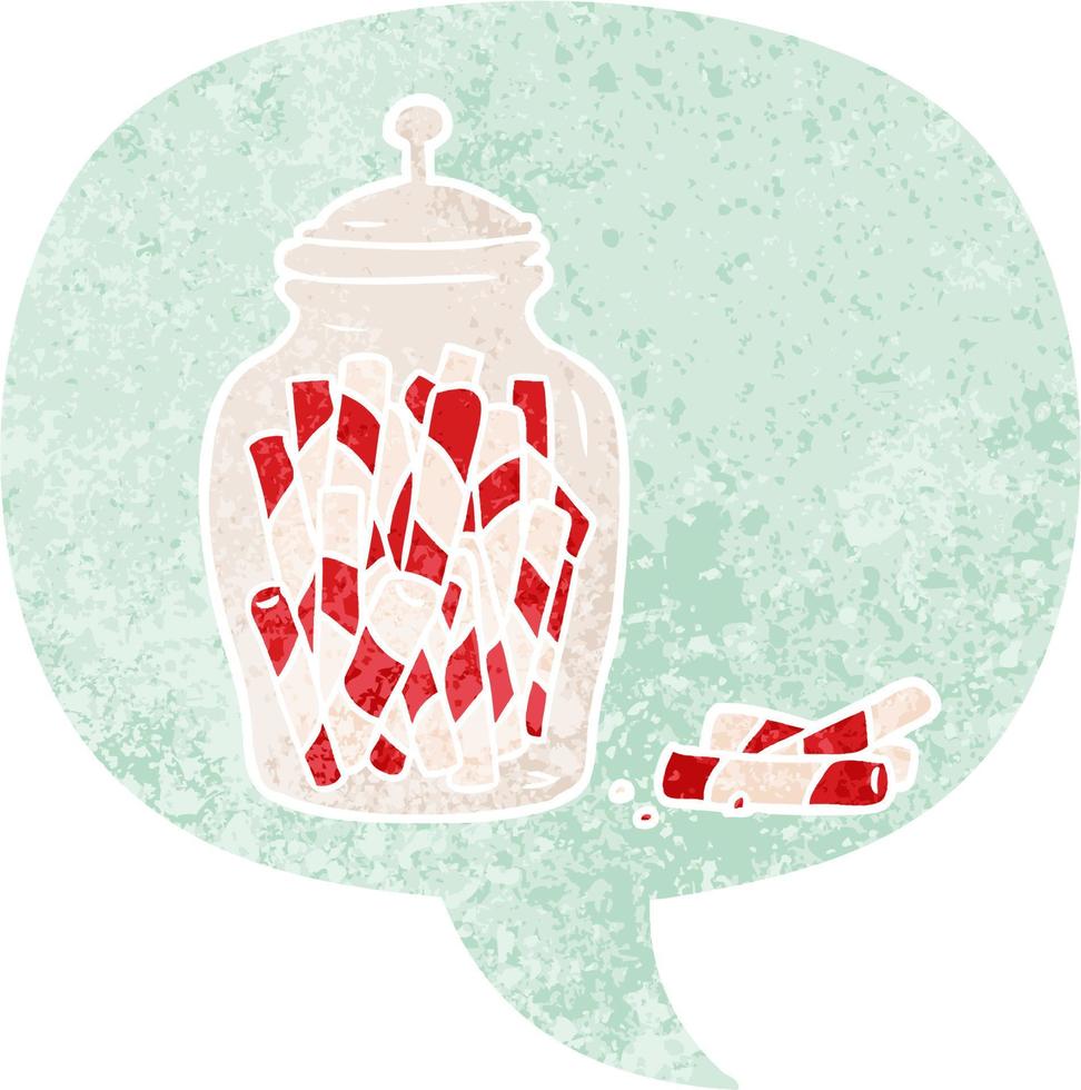 cartoon jar of candy and speech bubble in retro textured style vector