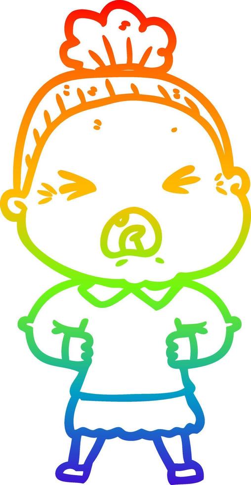 rainbow gradient line drawing cartoon angry old woman vector