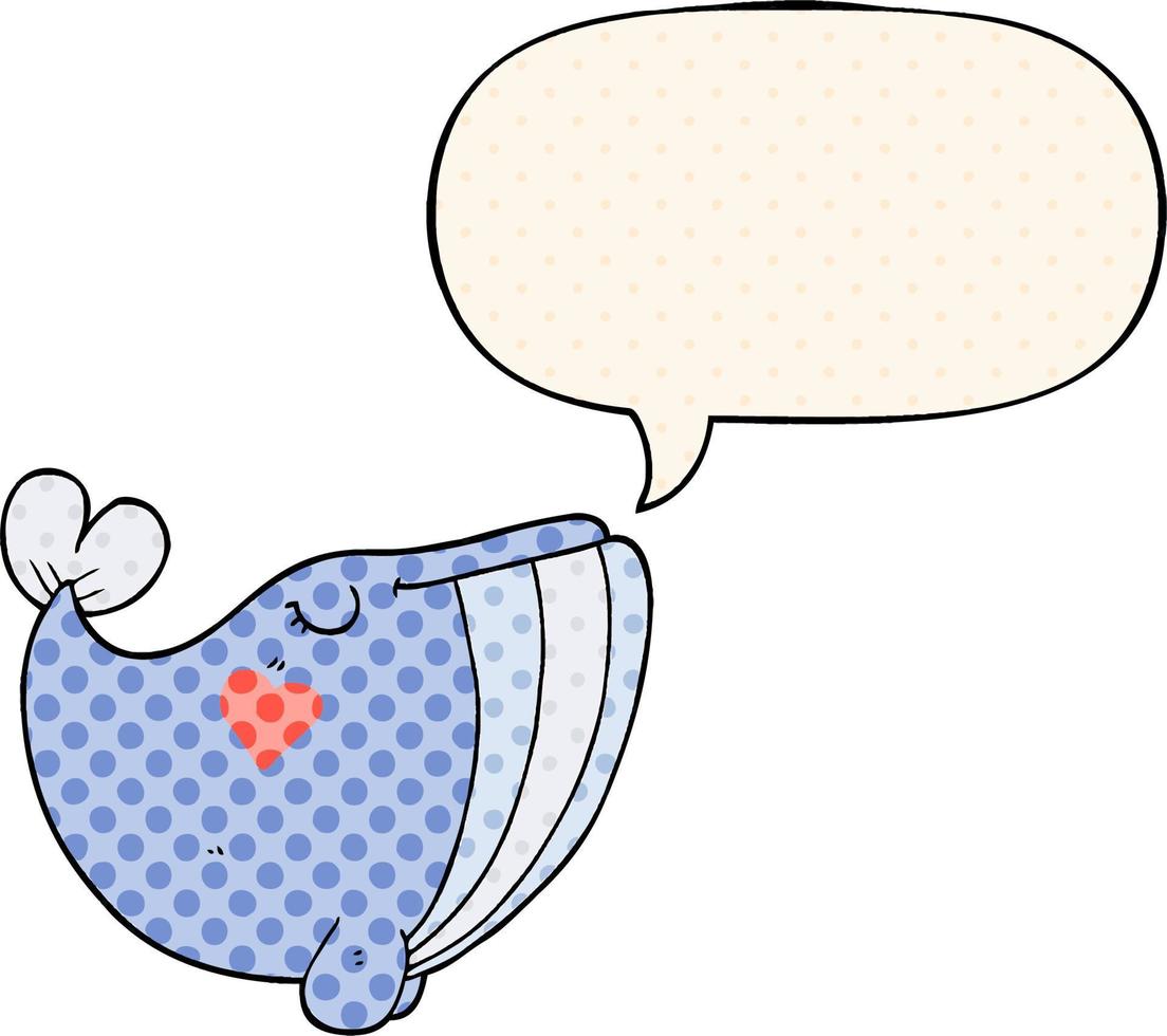 cartoon whale and love heart and speech bubble in comic book style vector