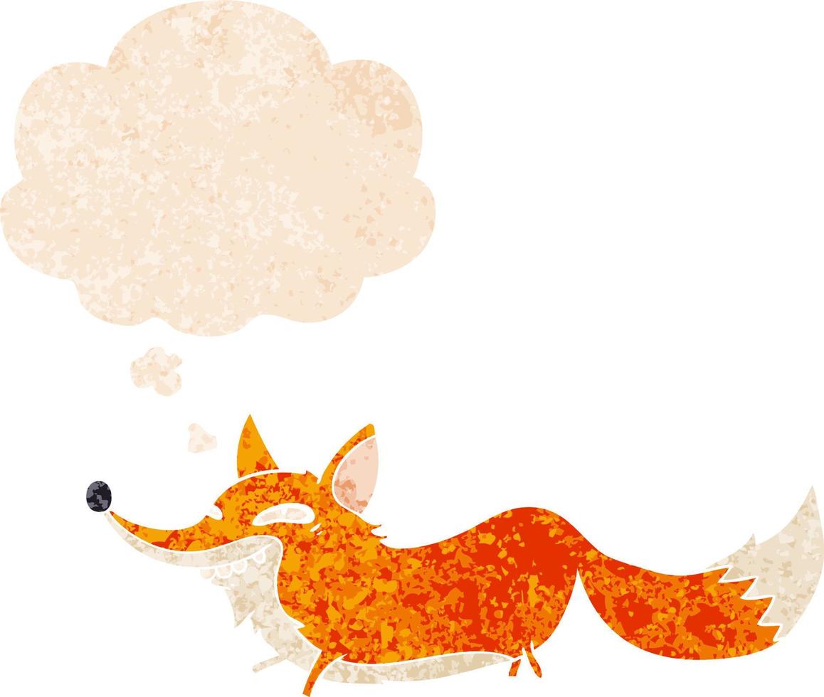 cartoon sly fox and thought bubble in retro textured style vector