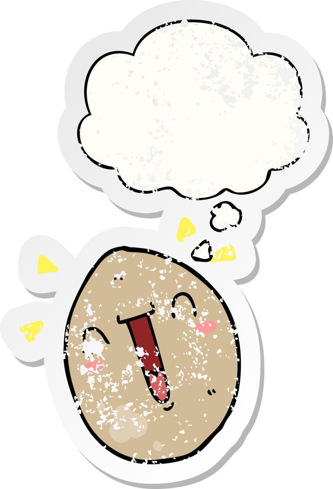 cartoon happy egg and thought bubble as a distressed worn sticker vector