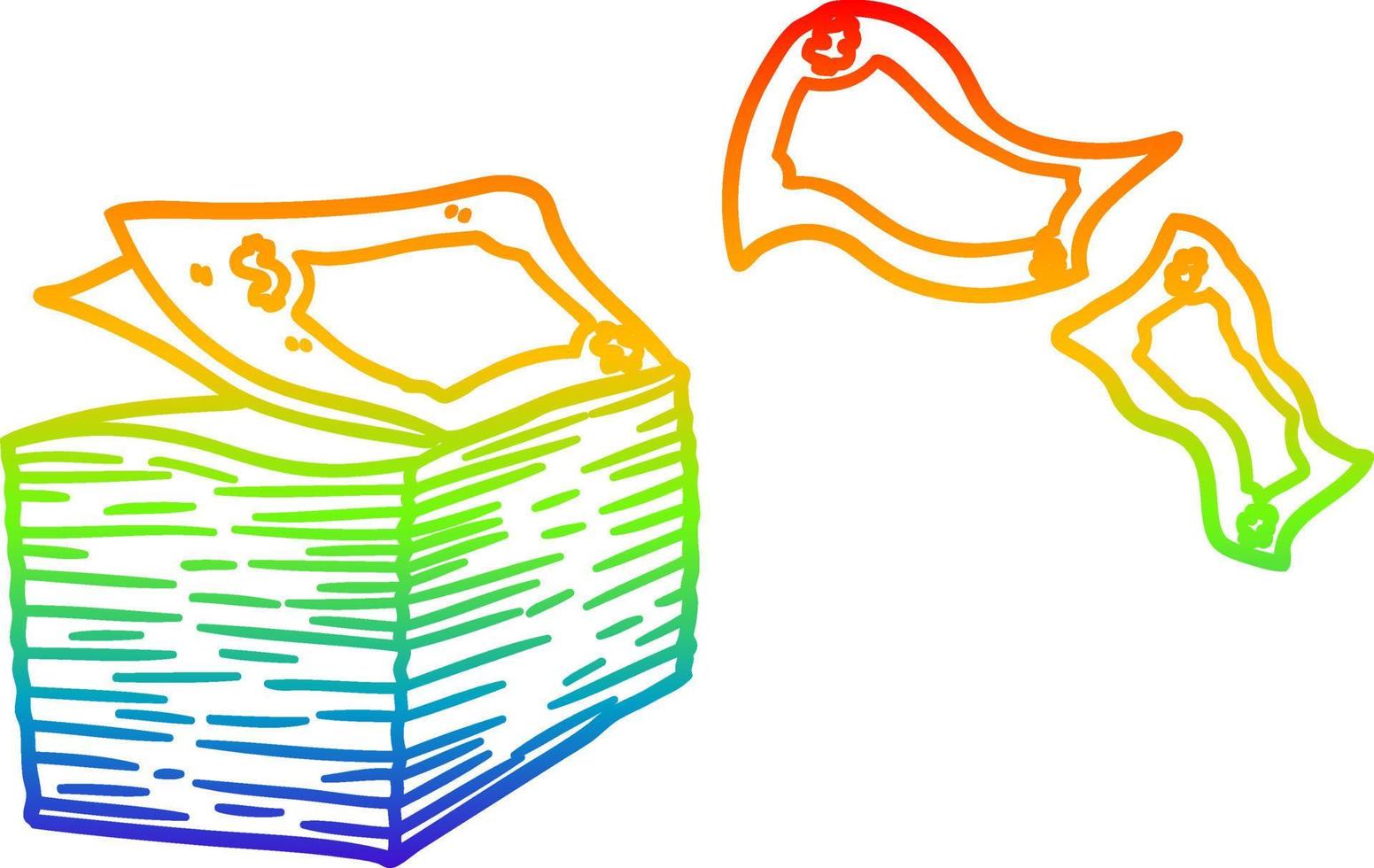rainbow gradient line drawing cartoon money blowing away vector