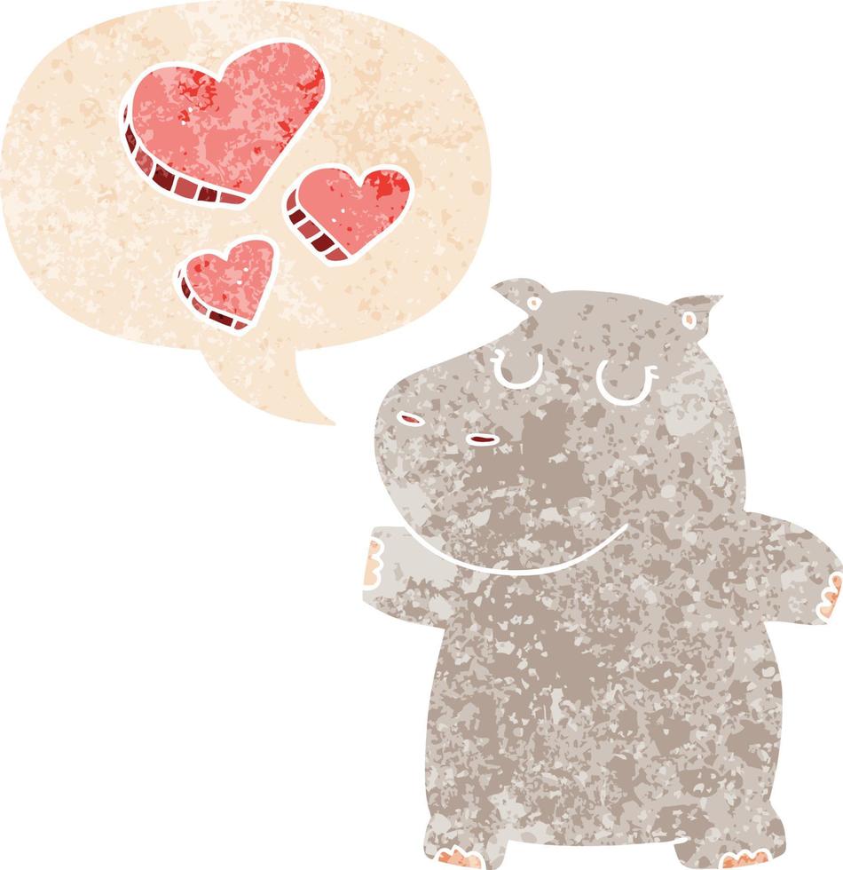 cartoon hippo in love and speech bubble in retro textured style vector