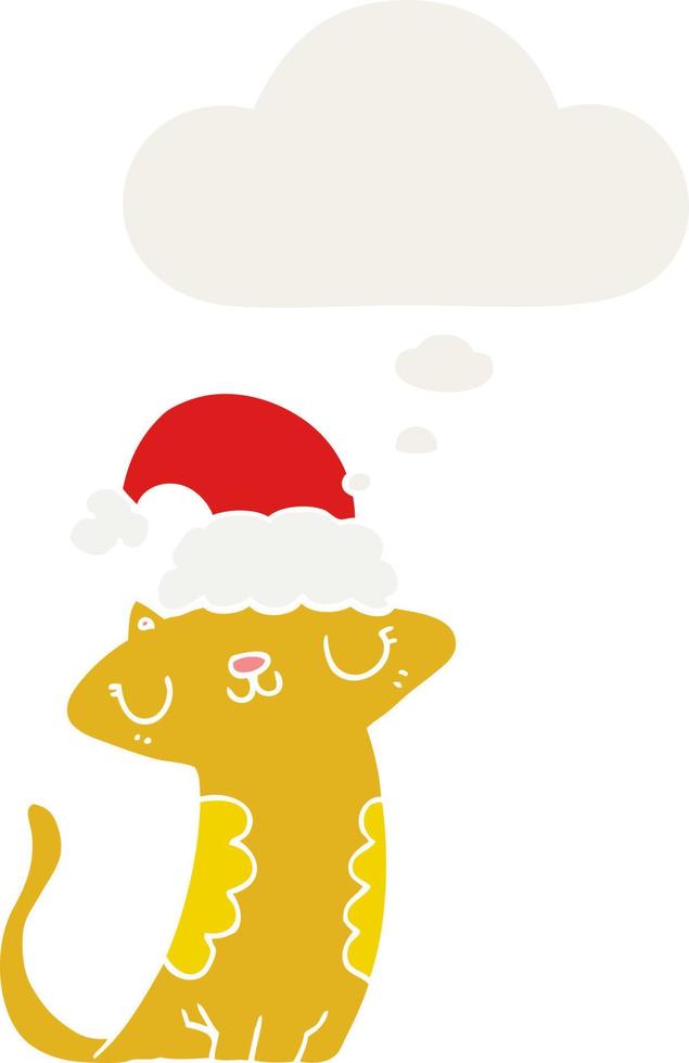 cute cartoon cat wearing christmas hat and thought bubble in retro style vector