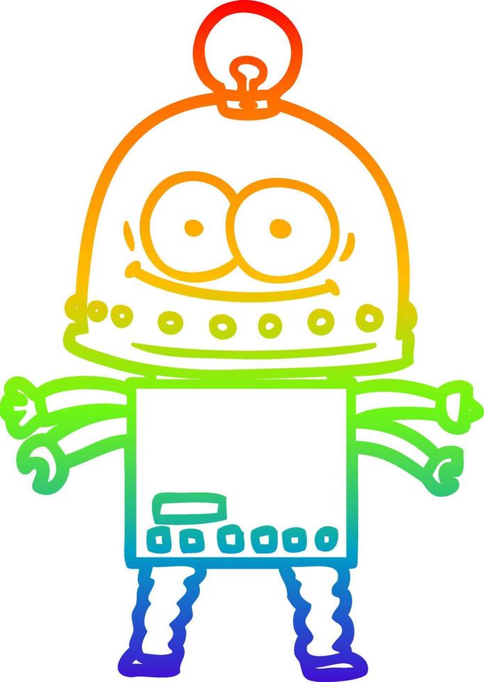 rainbow gradient line drawing happy carton robot with light bulb vector