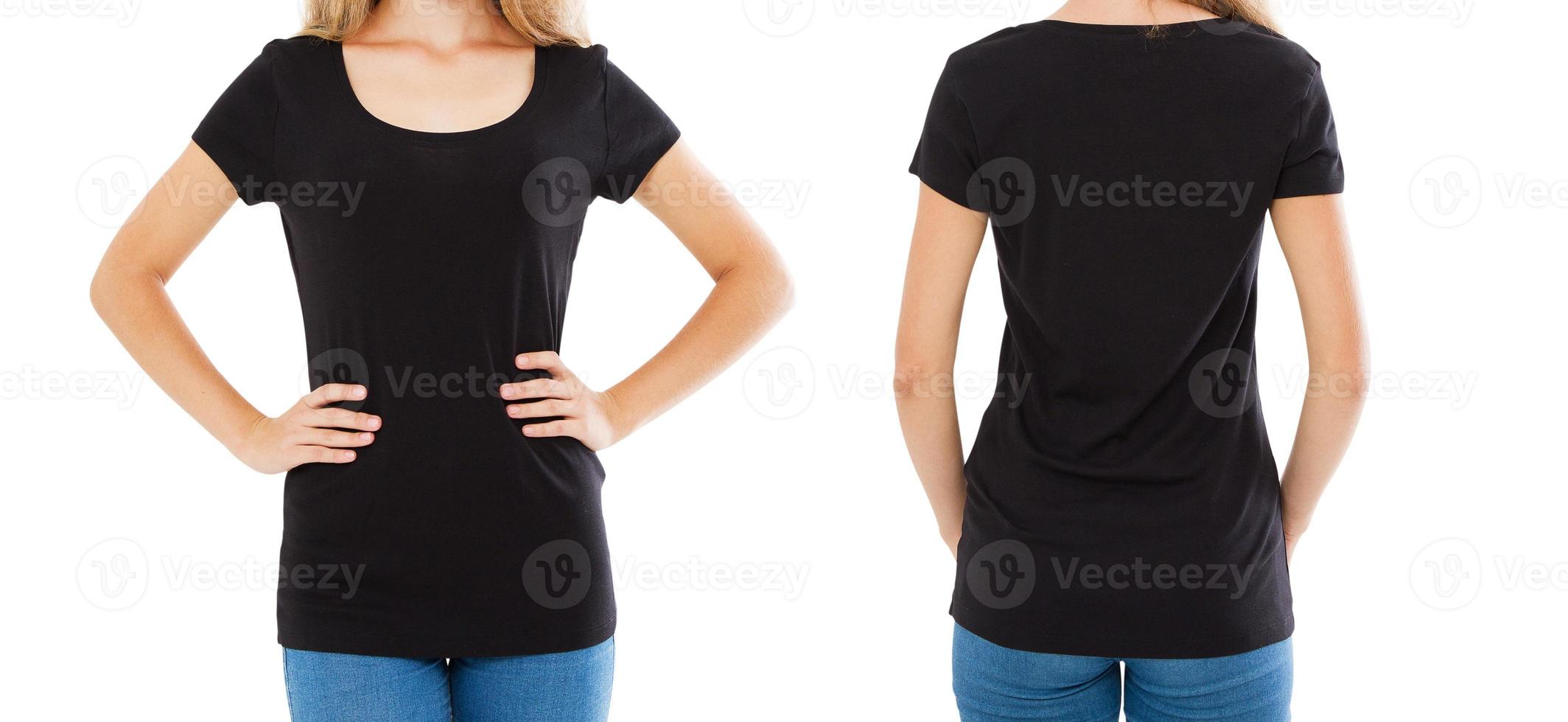 collage empty t-shirt, woman in blank t shirt - front back views, black tshirt, copy space photo