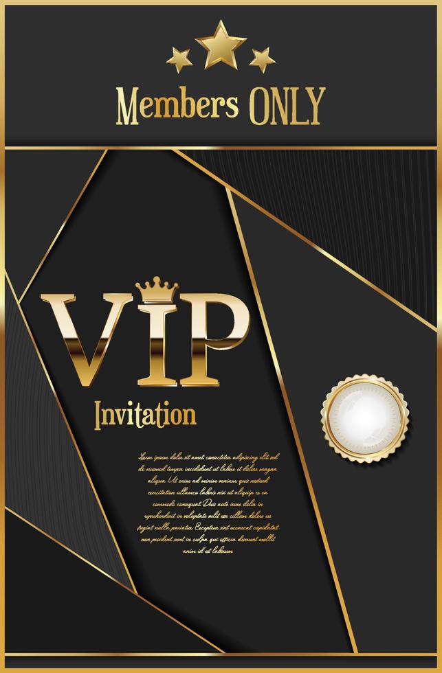 tarjeta de invitación vip dorada en negro oscuro y fondo dorado vector