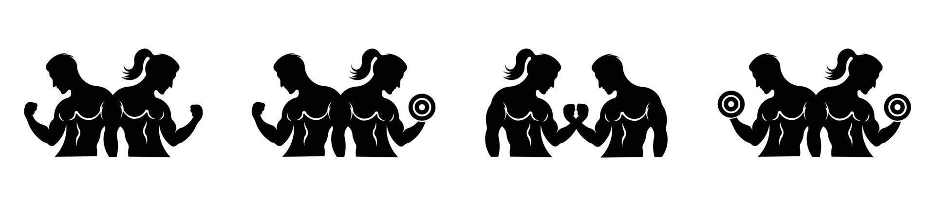 logotipo de fitness, logotipo de gimnasio, icono vectorial, siluetas de inspiración del logotipo de gimnasio y fitness de hombre y mujer levantando pesas vector