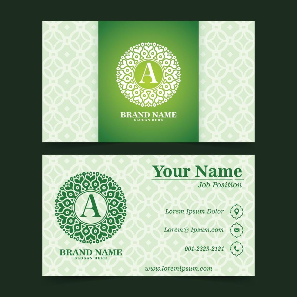 Green business card with ornament pattern border vector