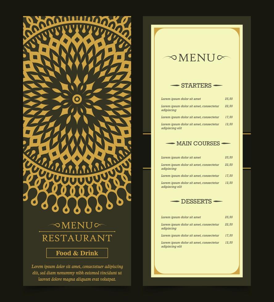 portada del menú del restaurante con mandala vector