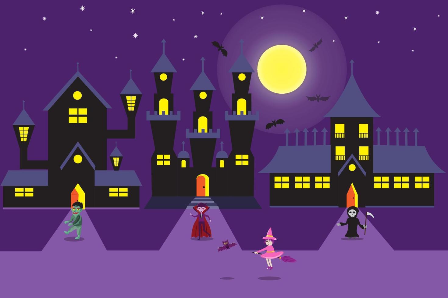 divertida celebración de halloween por la noche con zombi, drácula, bruja y calavera vector