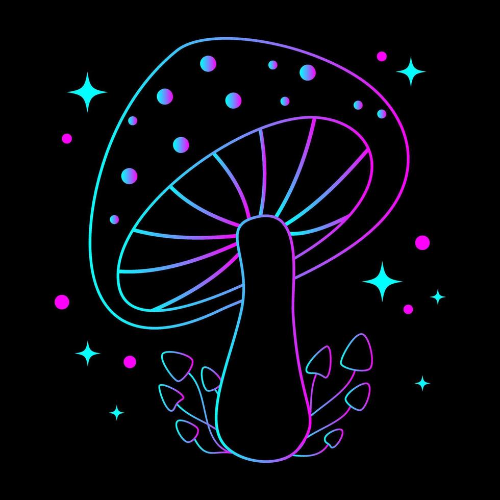 Magic mushrooms psychedelic print for graphic tee. Vector neon design for t-shirt graphics, banner, fashion prints, slogan tees, stickers, flyer, posters