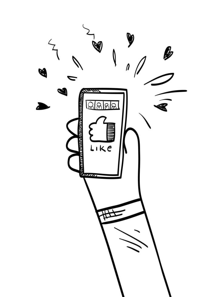 doodle hand holding smartphone on doodle comic style. isolated on white background. vector hand drawn illustration