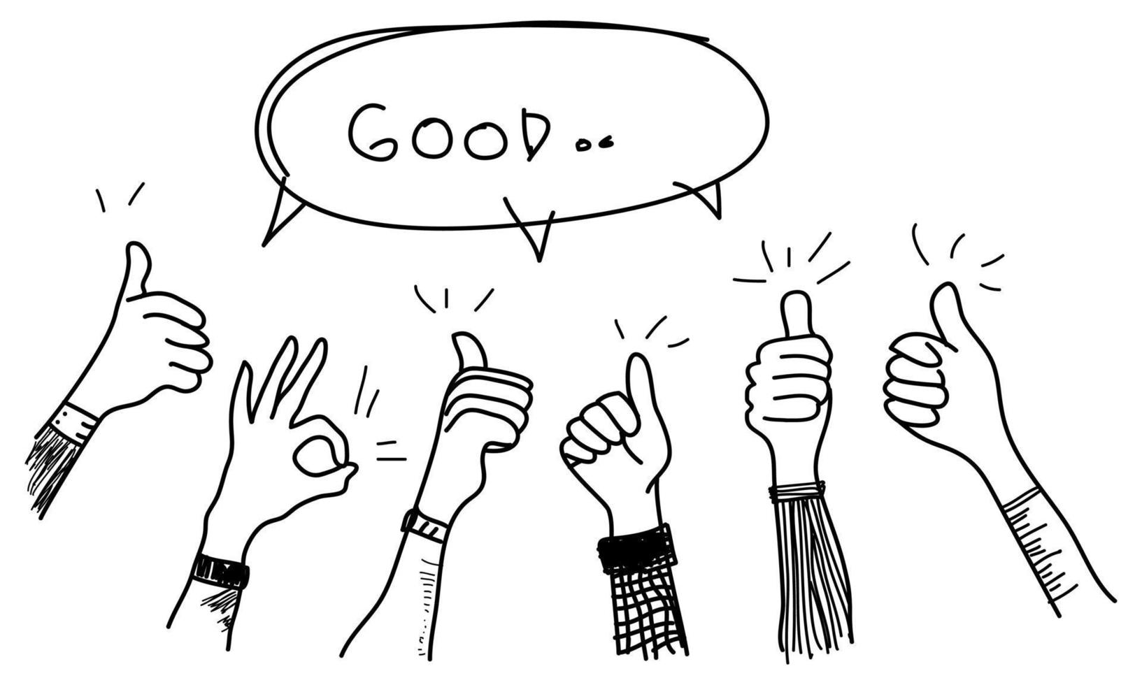 doodle hands up set. thumbs up hand drawn with speech bubble. isolated on white background. vector