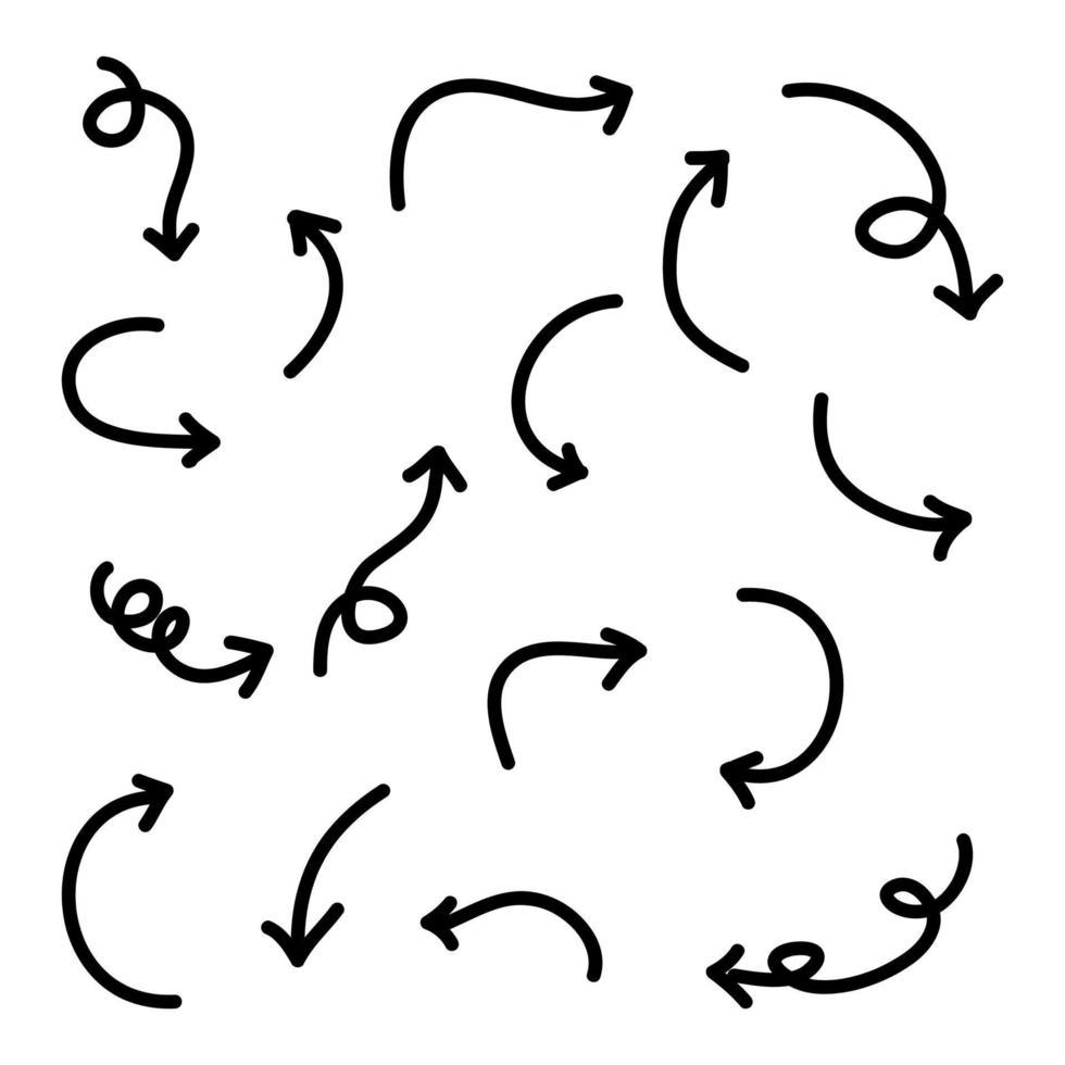 conjunto de flechas dibujadas a mano. garabato ilustración vectorial. Aislado en un fondo blanco. vector