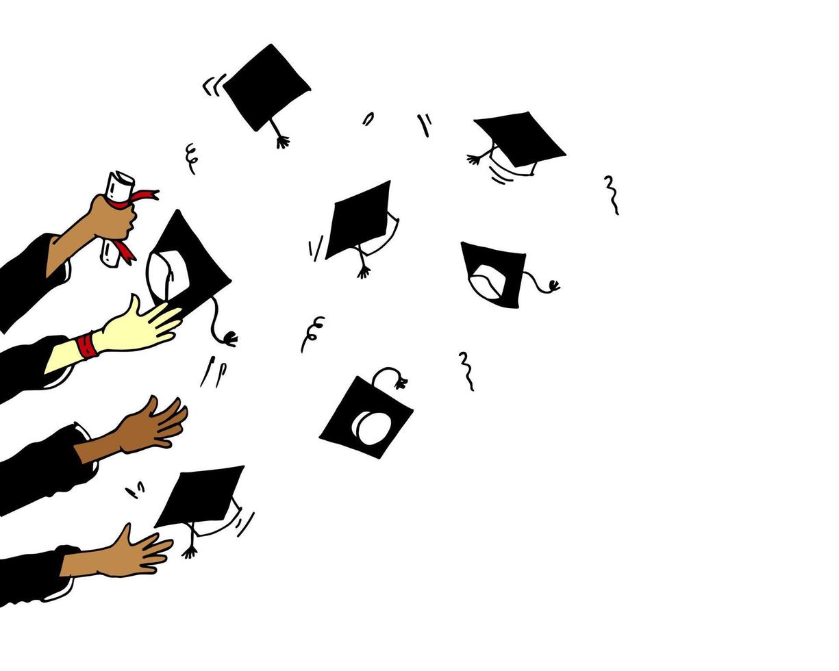 doodle Graduation ceremony concept. hands throwing graduation caps in the air, Hands clapping. applause gestures. vector illustration