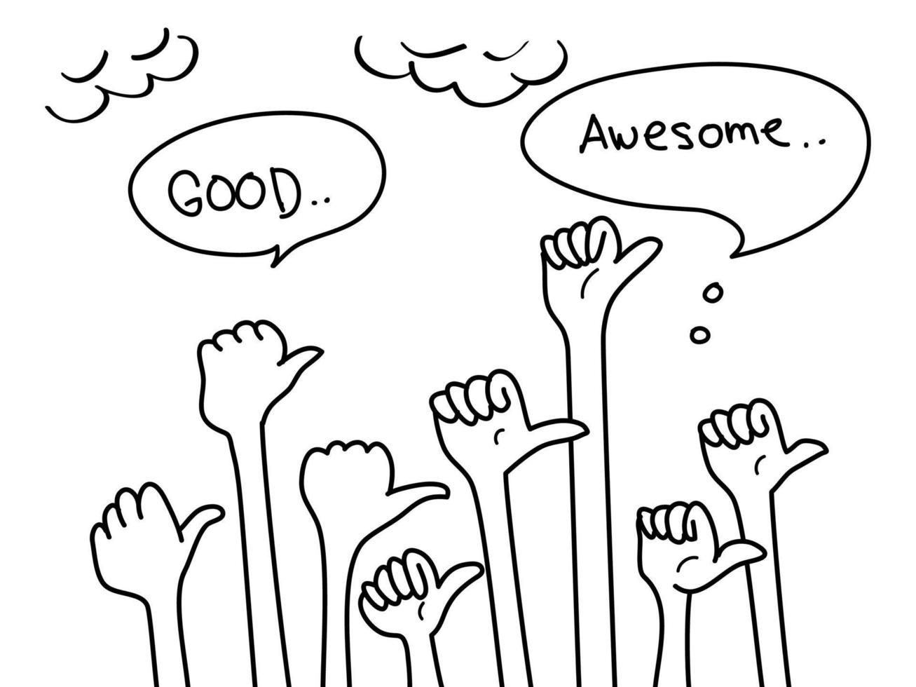 doodle hands up set. thumbs up hand drawn with speech bubble. isolated on white background. vector illustration
