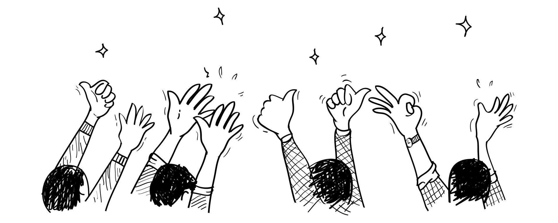 hand drawn of hands clapping ovation. applause, thumbs up gesture on doodle style. vector illustration