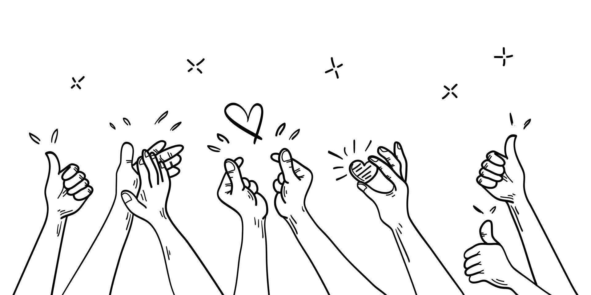 Doodle hands up. hands clapping. Concept of charity and donation. Give and share your love to people. hands gesture on hand drawn style. vector illustration