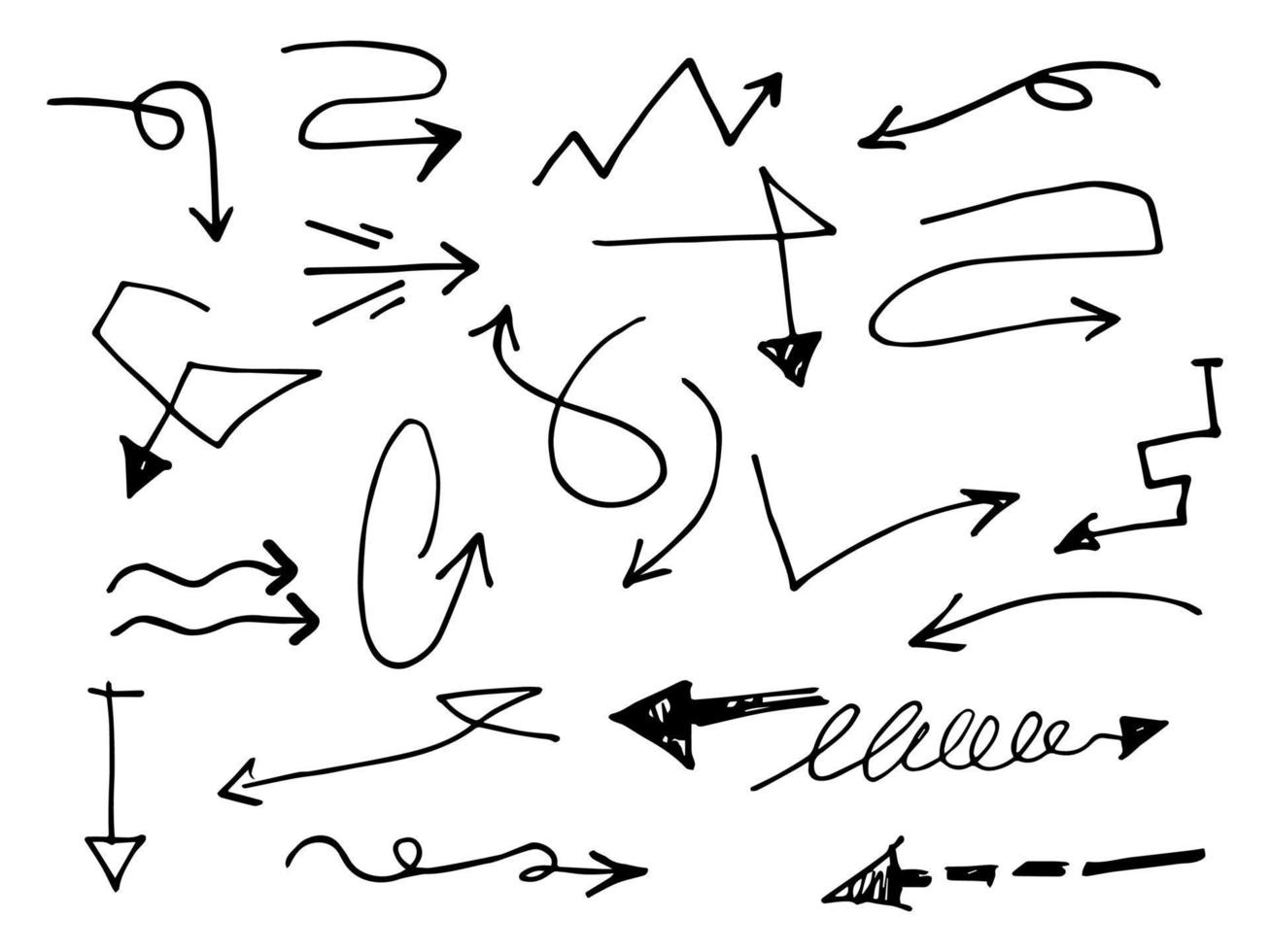conjunto de iconos de flechas dibujadas a mano. icono de flecha con varias direcciones. garabato ilustración vectorial. Aislado en un fondo blanco. vector
