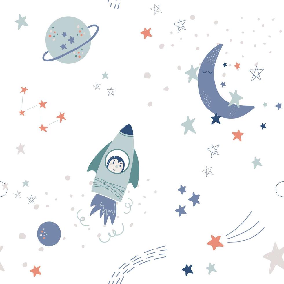 Vector seamless pattern with stars, rockets and planets. Cute baby space illustration in simple hand drawn Scandinavian style. Good for decorating nursery, baby clothes, baby shower decor.