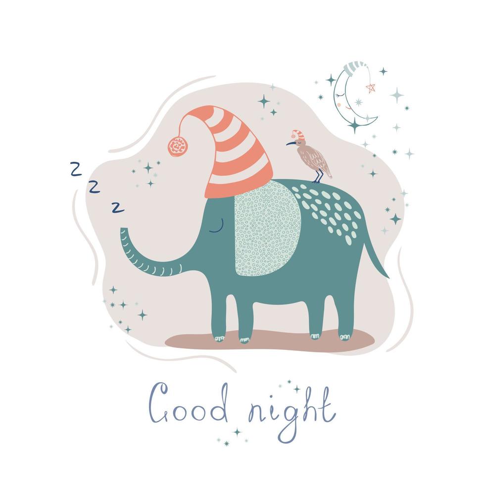 Poster with cute sleeping elephant. Hand drawn vector illustration with lettering in simple scandinavian style. Good night. Ideal kids design, for fabric, textile, baby book, decorating baby nursery.