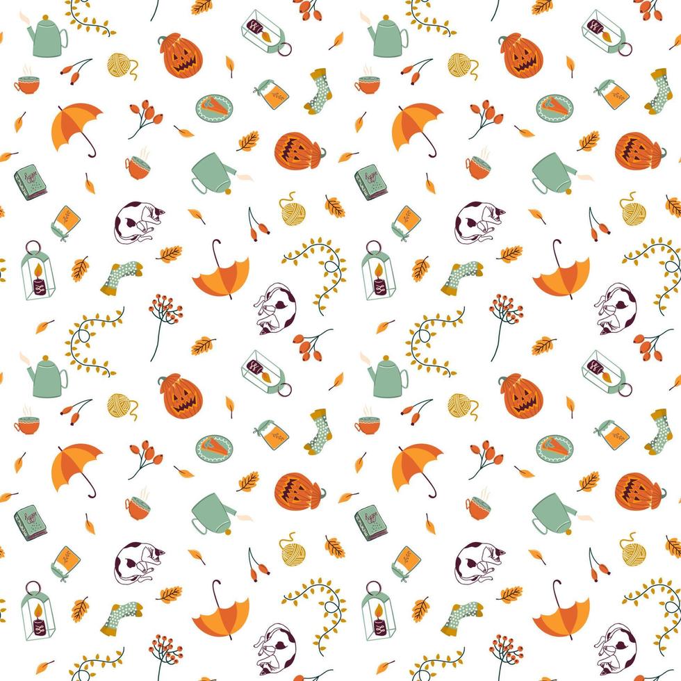 Vector seamless pattern with falling leaves, cat, candle, socks, umbrella, pumpkin and other. Hello Autumn. Hand drawn flat illustration. Cute and cozy fall background.