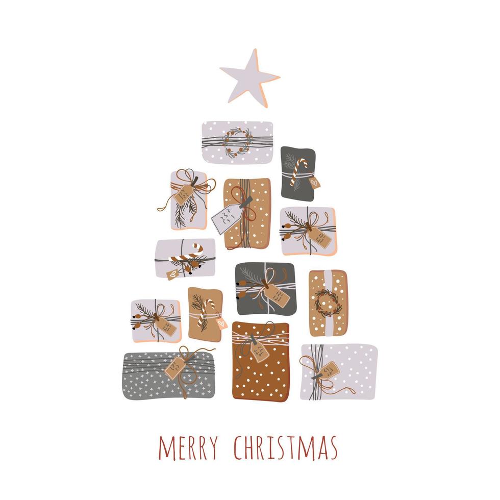 Feliz Navidad. ilustración vectorial con silueta de árbol de Navidad. estilo retro. regalos de Navidad. concepto de felices fiestas. vector