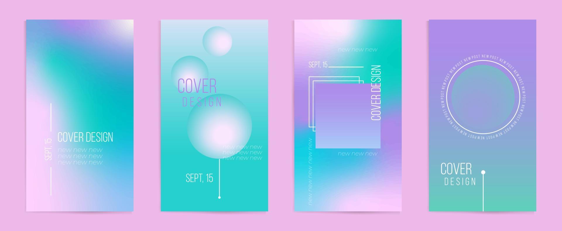 Holographic vertical stories, cover templates design set for social media posts and stories banners. Blurry abstract backgrounds. Vector geometric covers with gradient mesh in 90s, 80s retro style.