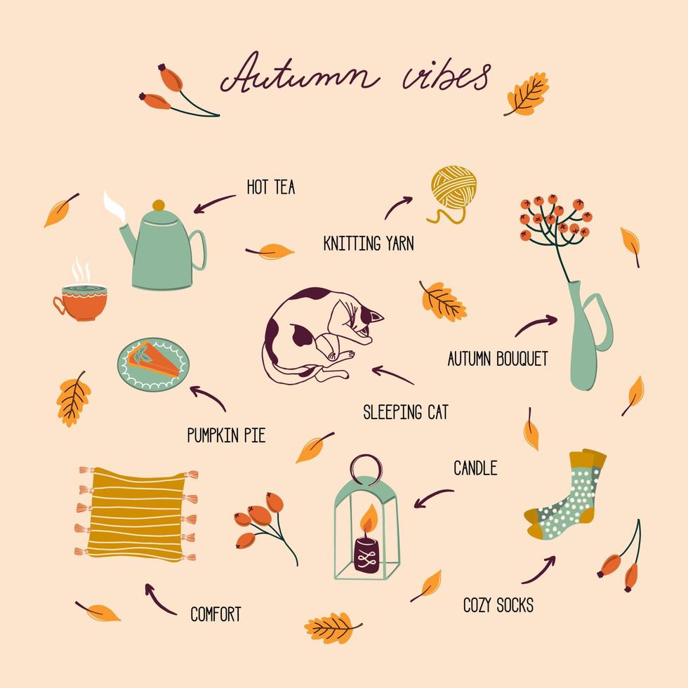 vibraciones de otoño. ilustraciones vectoriales dibujadas a mano. lindo estampado para ropa, carteles, tarjetas, libros y revistas. vector