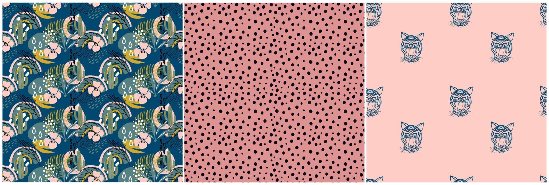 Seamless patterns with exotic plants, cactus, rainbow, tiger and modern textures. Cute collection of vector illustrations. Jungle and abstract prints for textiles, wrapping paper, fabric, wallpaper.