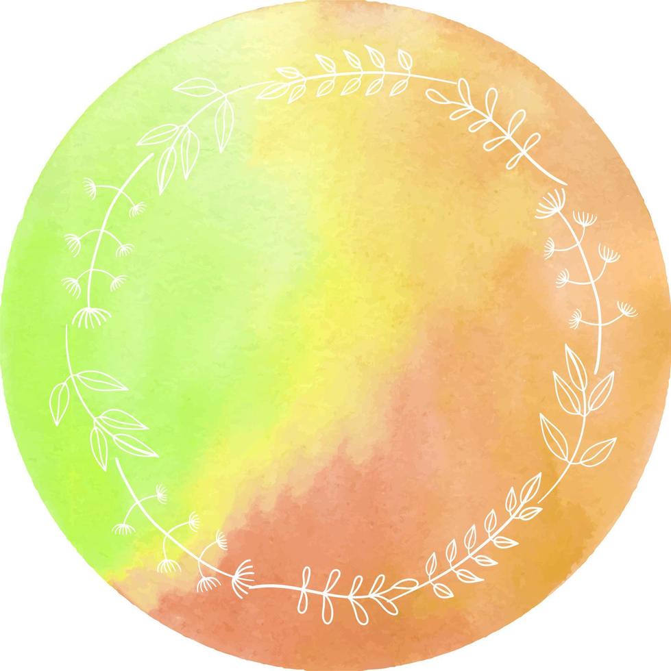 Doodle round frame with leaves and twigs in watercolor splatter. Vector illustration isolated on white