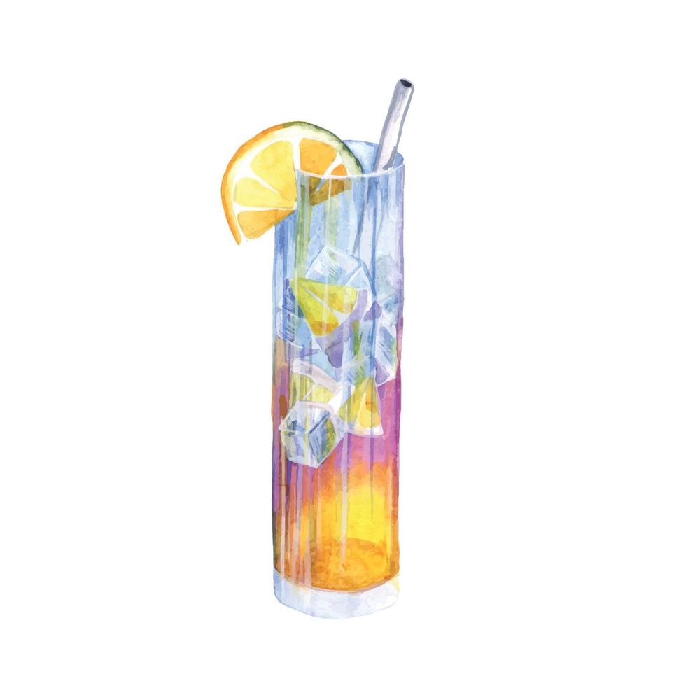 Watercolor lemonade with lemon, ice and syrup. vector