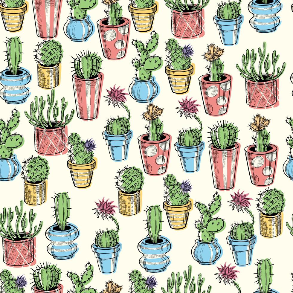 Cactus seamless pattern. Hand drawn cactus lineart. Home plants succulents black and white pattern. vector