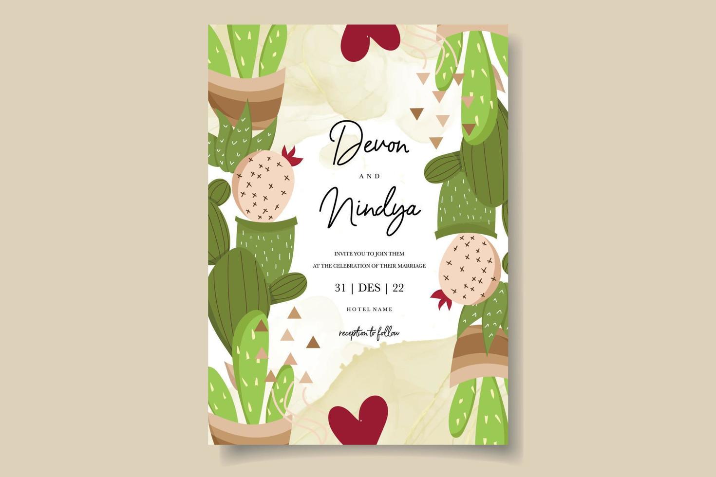 Elegant cute cartoon cactus wedding card design vector