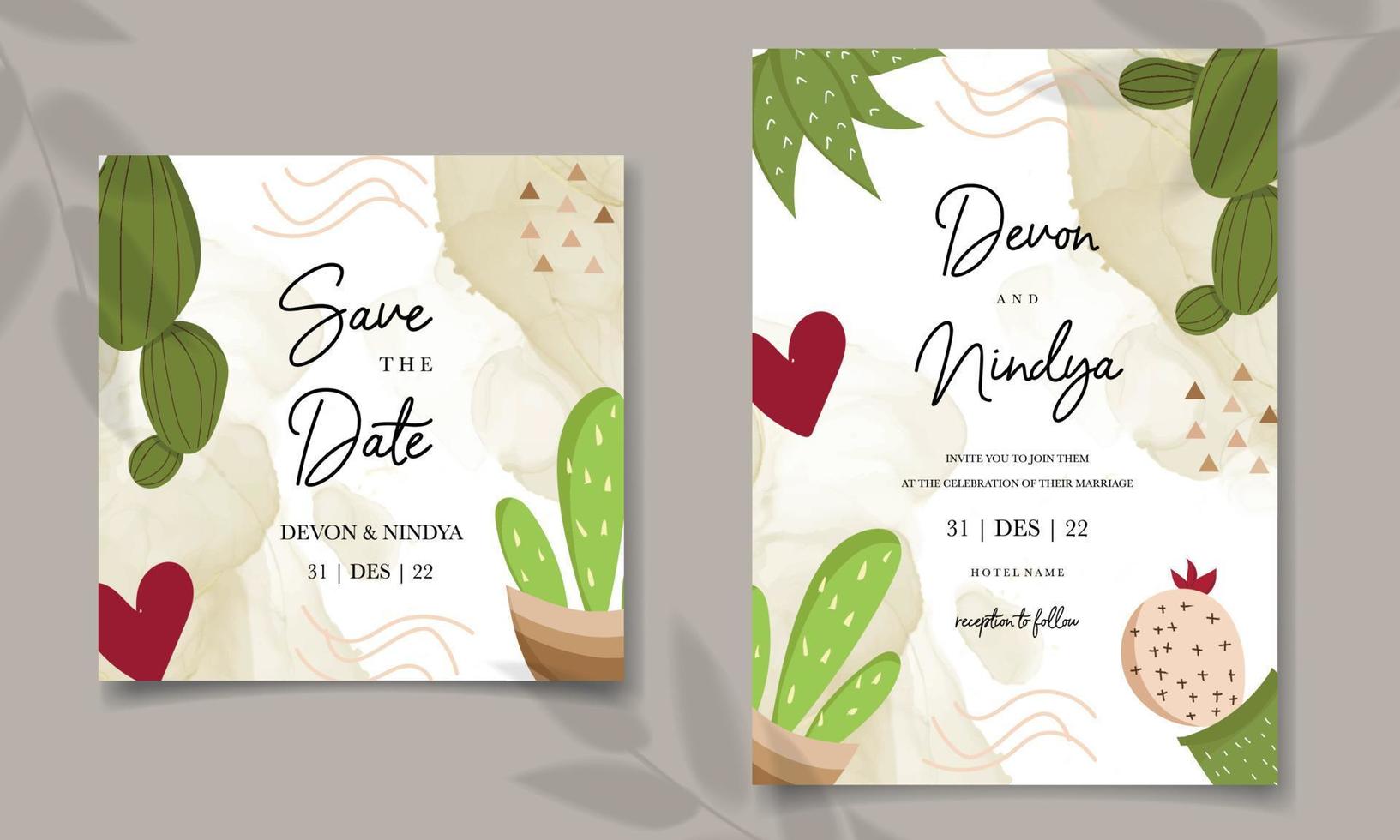 elegante lindo diseño de tarjeta de boda de cactus de dibujos animados vector