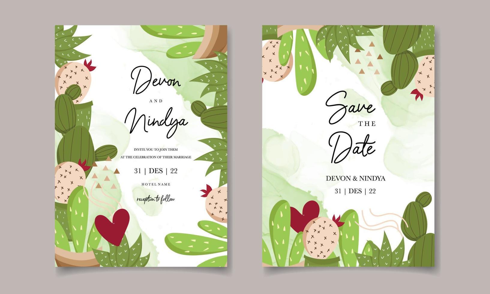 elegante lindo diseño de tarjeta de boda de cactus de dibujos animados vector