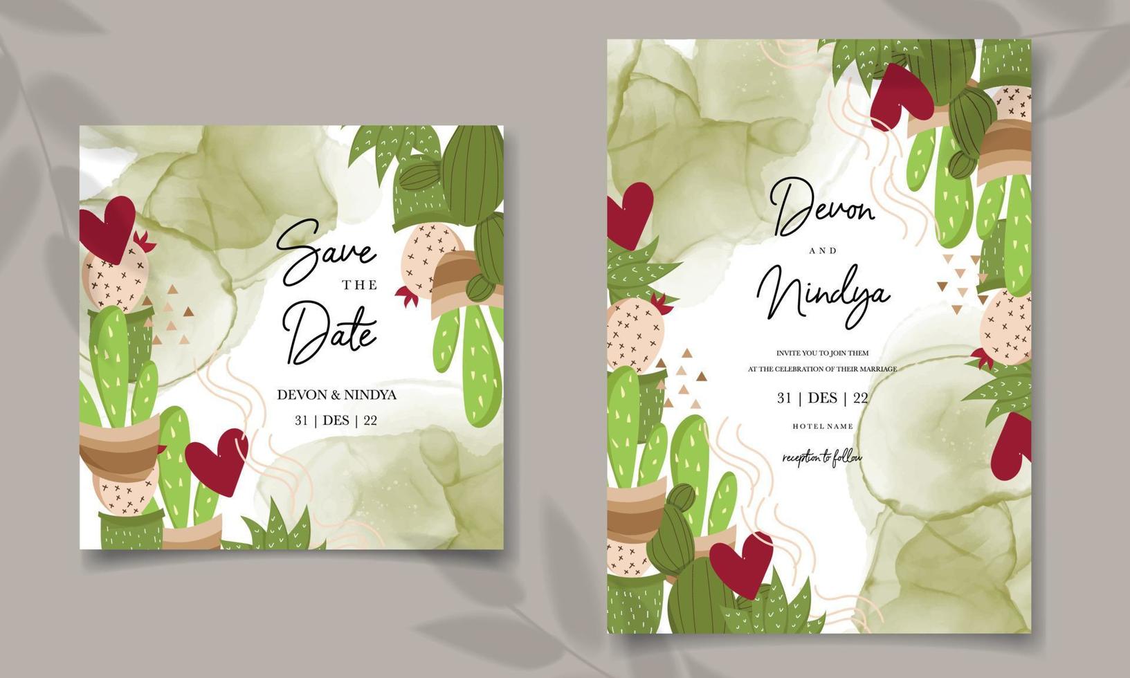 Elegant cute cartoon cactus wedding card design vector