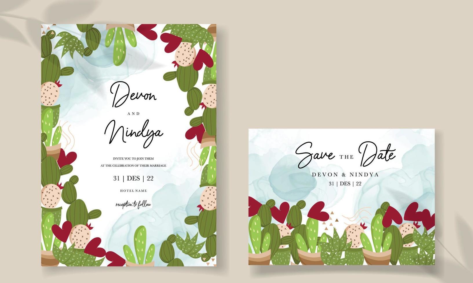 Elegant cute cartoon cactus wedding card design vector