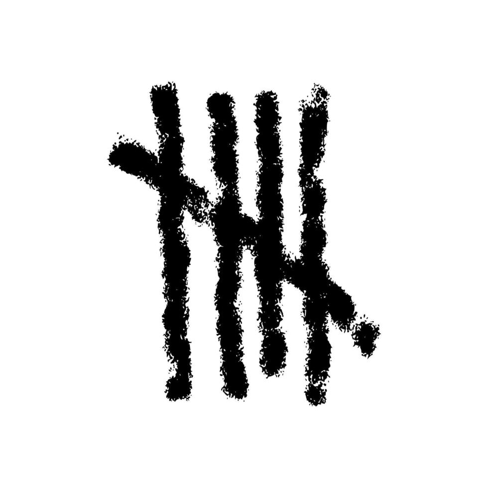 Charcoal tally mark. Hand drawn sticks sorted by four and crossed out by slash line. Day counting symbol on prison wall. Unary numeral system sign vector