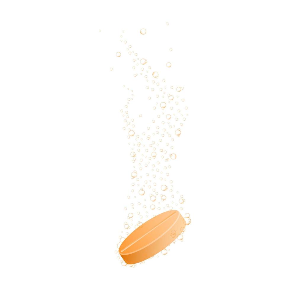 Effervescent soluble orange tablet with fizzing underwater bubbles. Medicine or vitamin pill dissolving in water vector