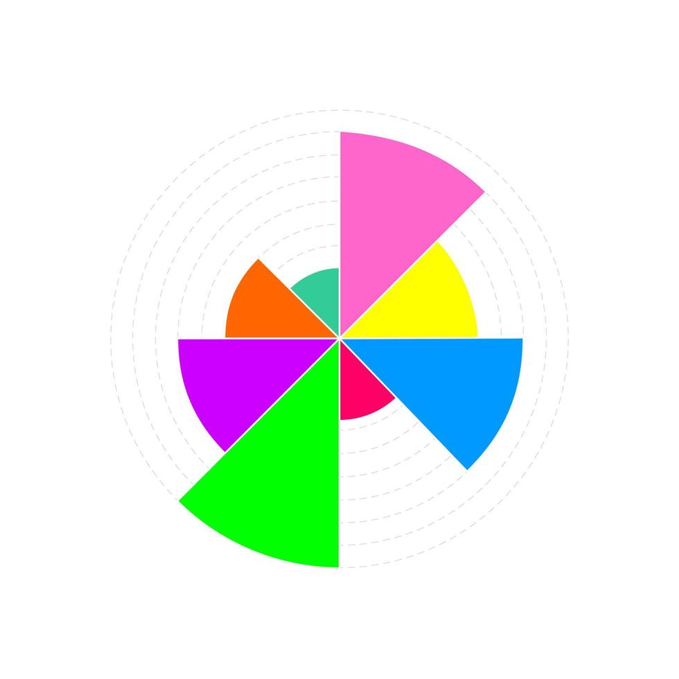Circle chart example. Wheel diagram with 8 colorful segments of different volumes. Financial data visualization template. Statistical infographic design layout vector