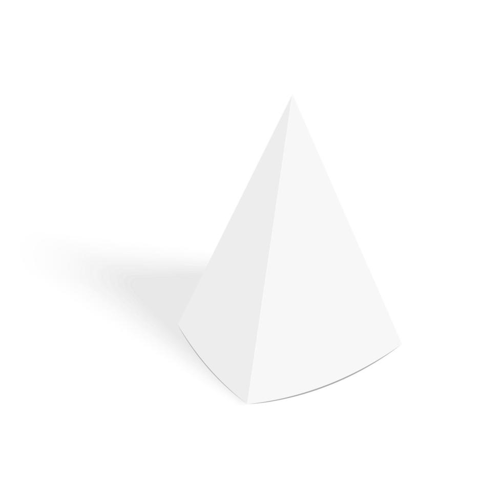 White pyramid tent card mockup. Paper or cardboard pyramidal display stand isolated on white background. Table talker template with shadow vector