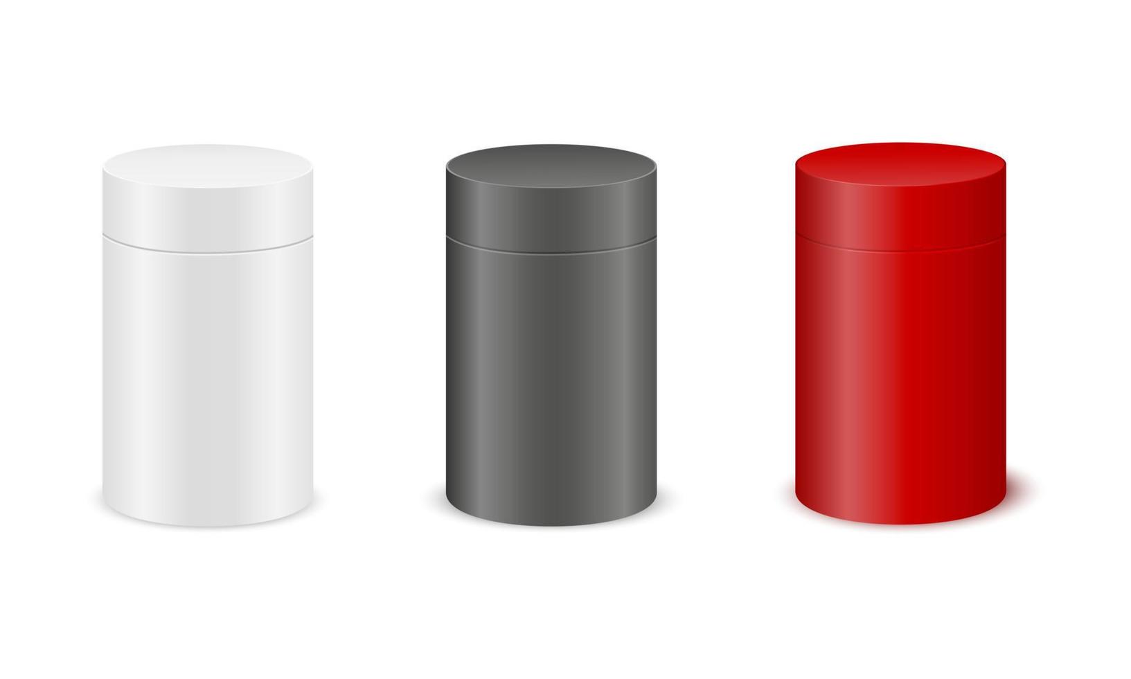 Cylinder boxes mockups. White, black, red cardboard packages for product design. Containers for gift, tea, coffee, food vector