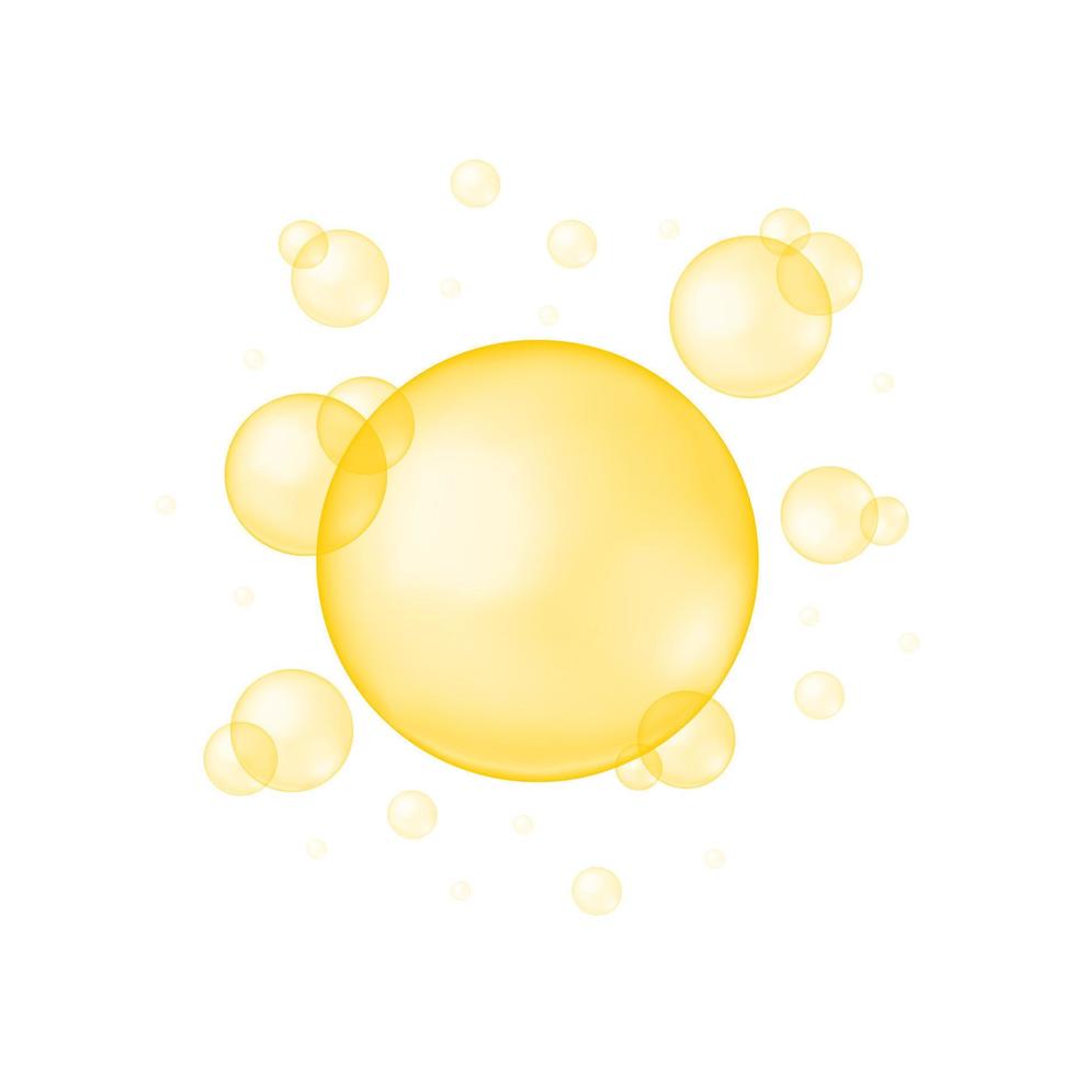 Gold glossy bubbles on white background. Collagen droplets, keratin, serum, jojoba cosmetic oil, vitamin A or E, omega fatty acid balls vector