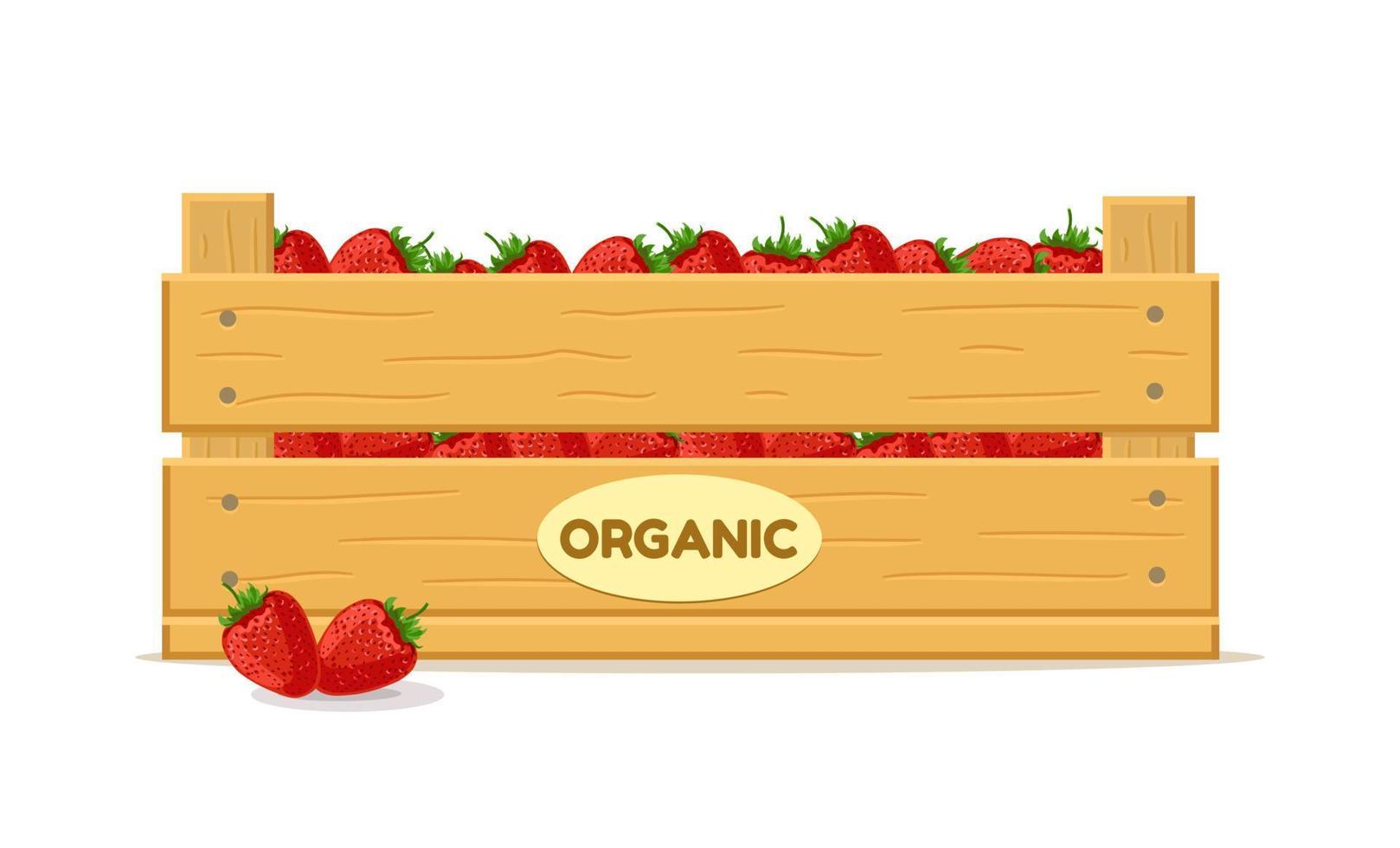 caja de madera con fresas. icono de caja de frutas. ilustración vectorial aislado sobre fondo blanco. vector
