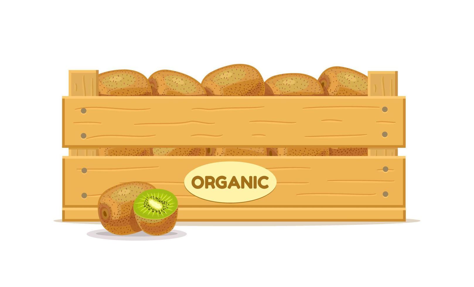 caja de madera con kiwi. icono de caja de frutas. ilustración vectorial aislado sobre fondo blanco. vector