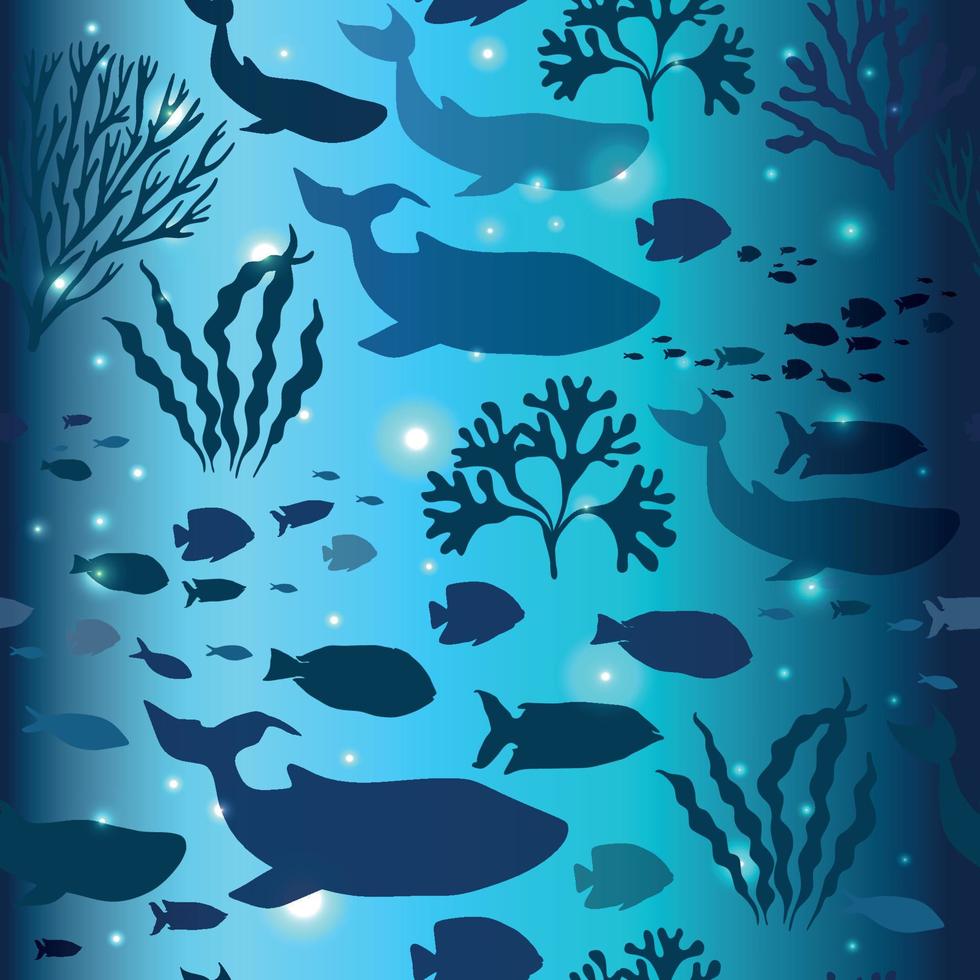 Seamless pattern of cute blue whale, fish and corals. World Ocean Day June 8. Tropical surface with of underwater world and marine animals. Vector illustration for design, decor, flyer.