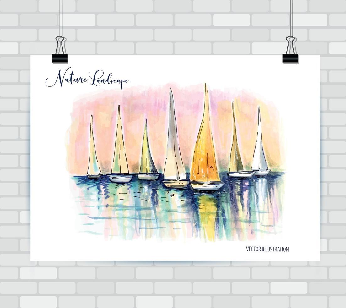 Sailing boat vector color sketch. Sea yacht floating on the water surface. Hand drawn illustration.