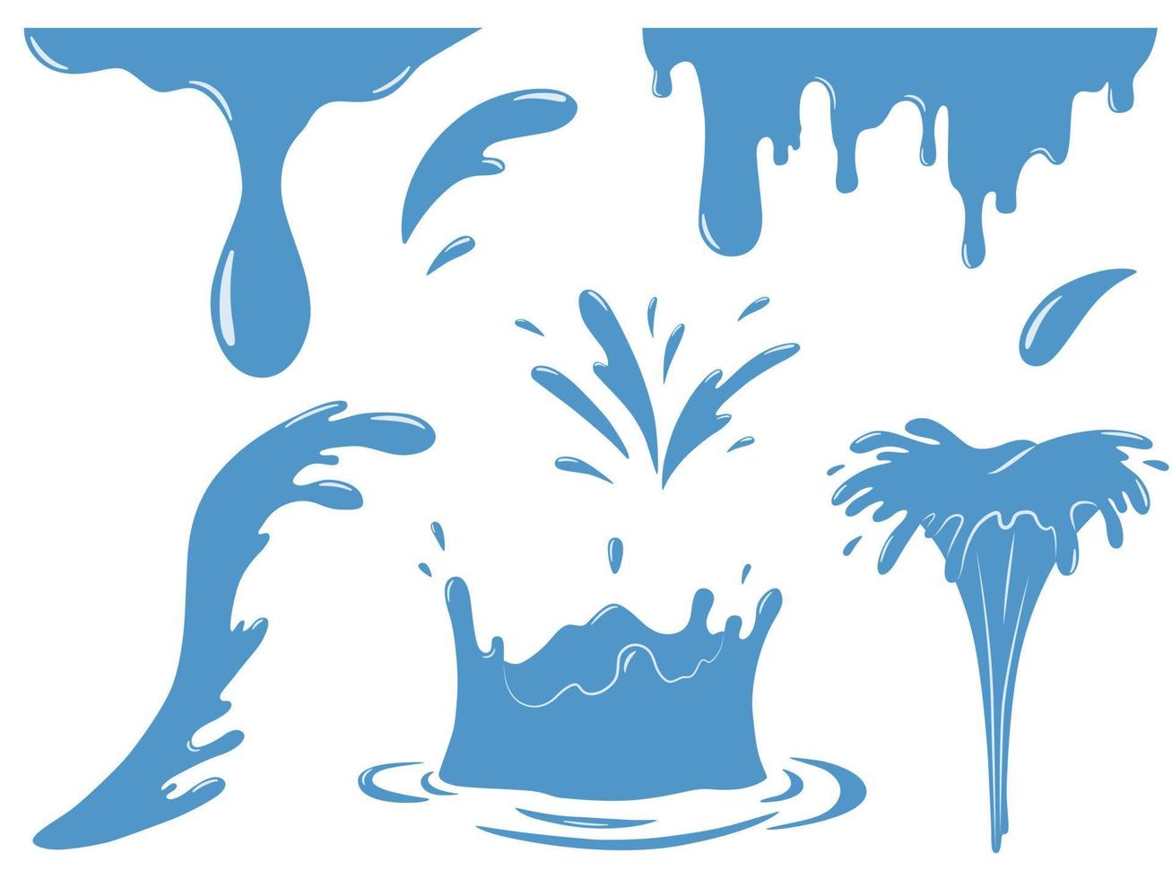 Water splash and spray. Aqua. Blue waves. Cartoon tears. Isolated raindrop or sweat, wet droplets of dew shapes. vector